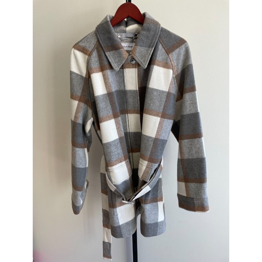 Calvin Klein Womens Cream Gray Plaid Belted Coat Size Xxl (27743)